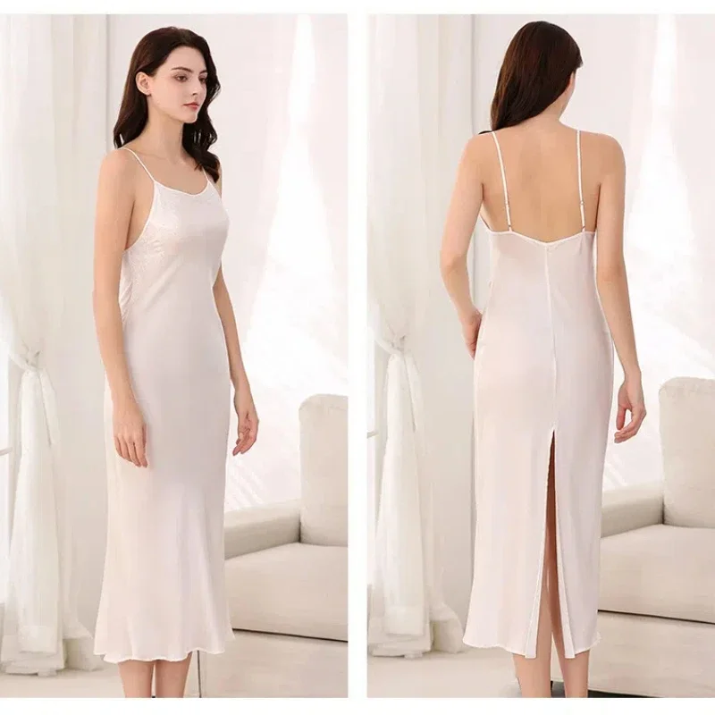 

Sexy 100% Mulberry Silk Maxi Nightgown Dresses Sleeveless Women Pajama Dress Homewear Slit Chemise Camisole Nightdress Sleepwear