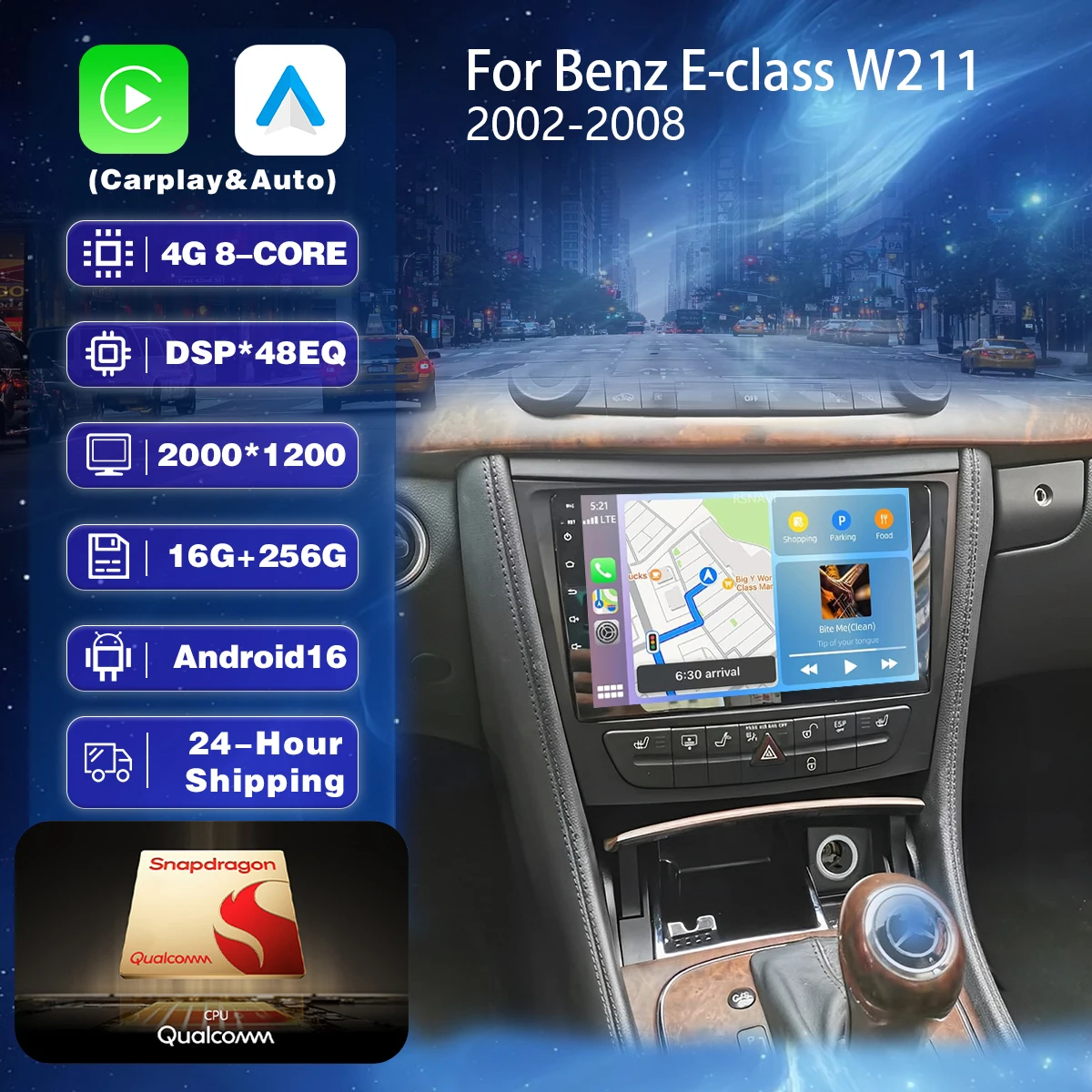 RSNAVI Android 16 Carplay Auto For Mercedes Benz E-class W211 2002 - 2008 Car Radio Navigation Video DSP WIFI+4G GPS 360 Camera