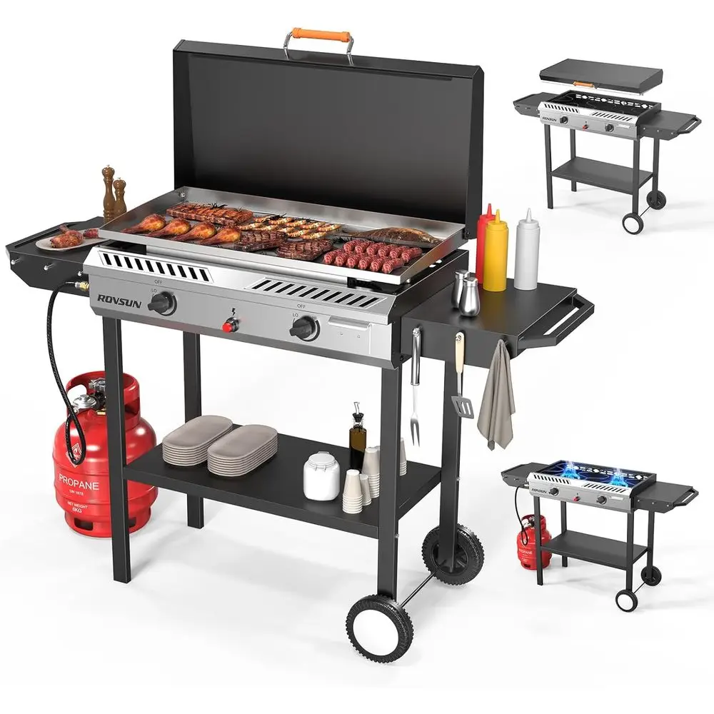 Combo de Estufa de Propano 2 en 1 y Plancha de 30'' con Encendido, Estufa y Parrilla de Gas de 2 Quemadores y 150,000 BTU con Estantes Laterales, Ruedas y Soporte
