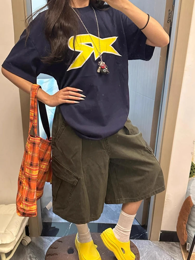 Women's Multi-pocket Green Wide Leg Calf-length Trousers Young Girl Shorts Summer Pants Female High Waist Capris Sweatpants