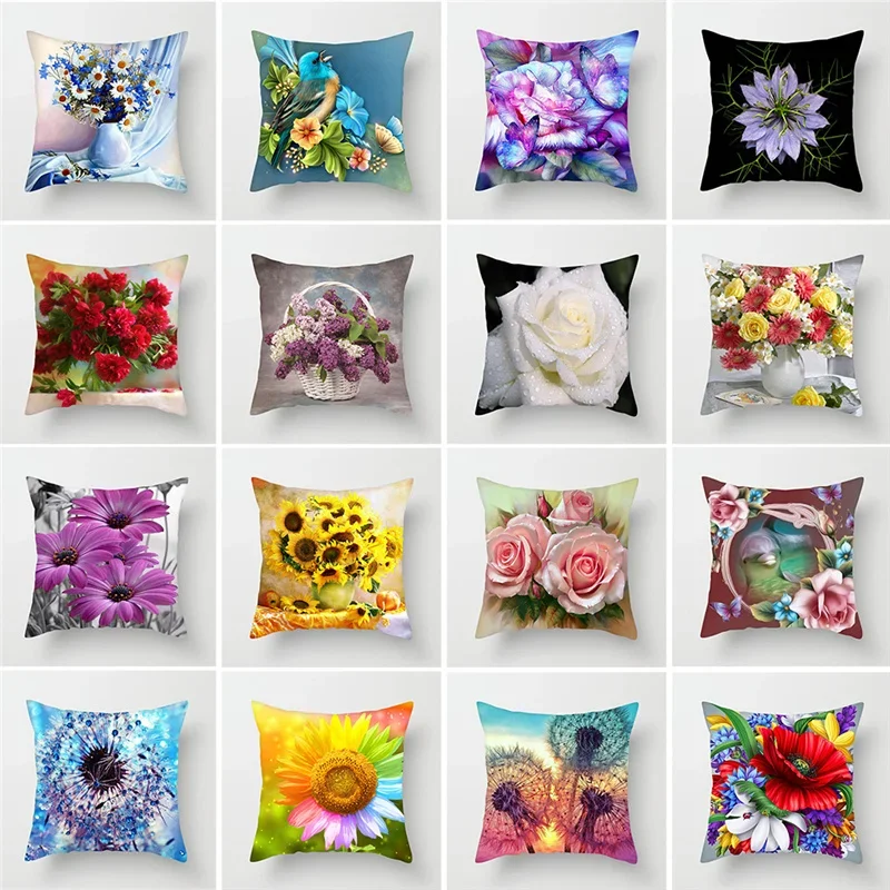 Colorful Flower Cushion Cover Sunflower Rose Dandelion Decorative  Pillows Decoration Pillowcase For Car Home