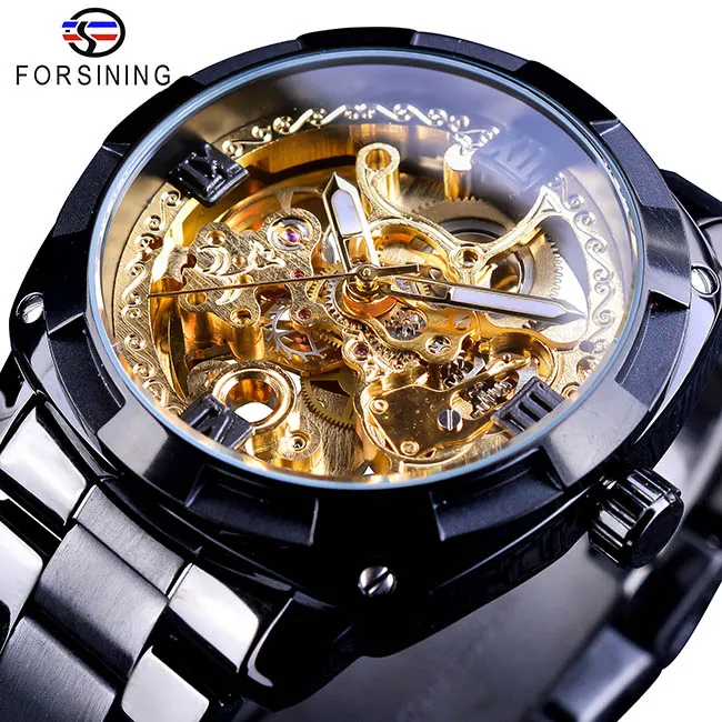 Forsining Men\'s Automatic Mechanical Watch Fashion Transparent Retro Top Brand Luxury Full Golden Luminous Hands Skeleton Clock