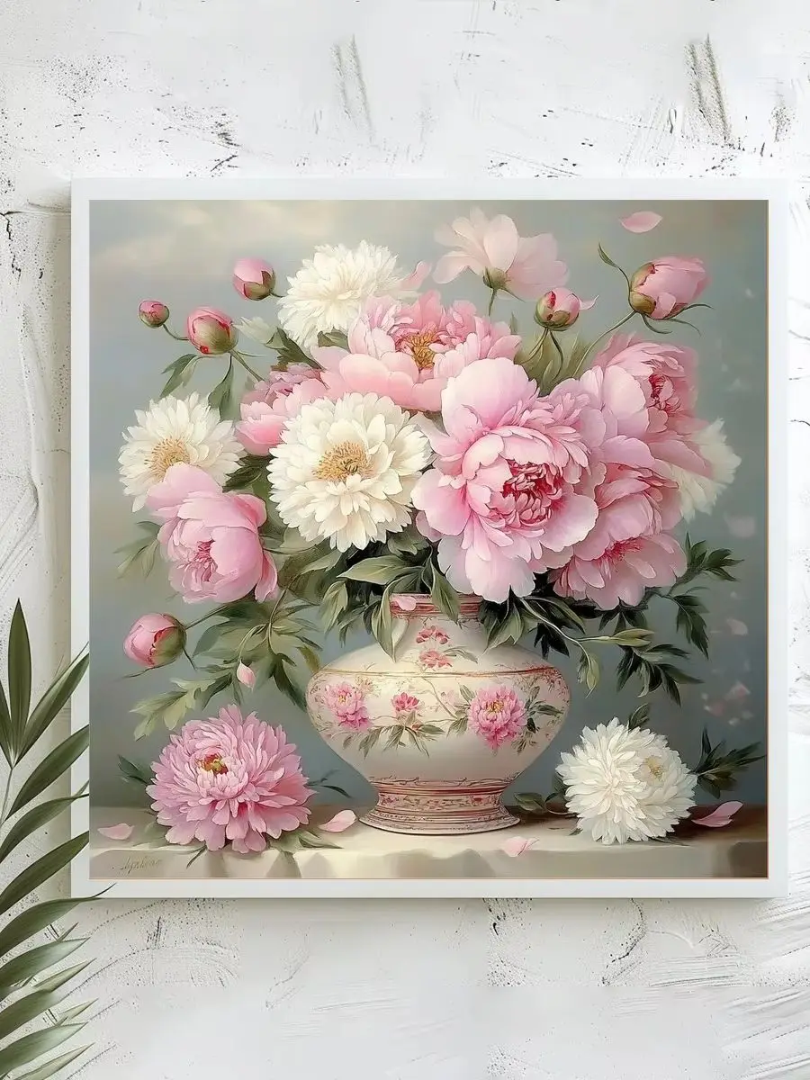 1 Stück 40x40 cm/15,74 Zoll, 11Ct/14Ct Kreuzstich-Set, DIY Valentinstagsgeschenk, Stickerei-Set für Festlichkeiten, Pfingstrosen in Porzellanvase – Detail 1