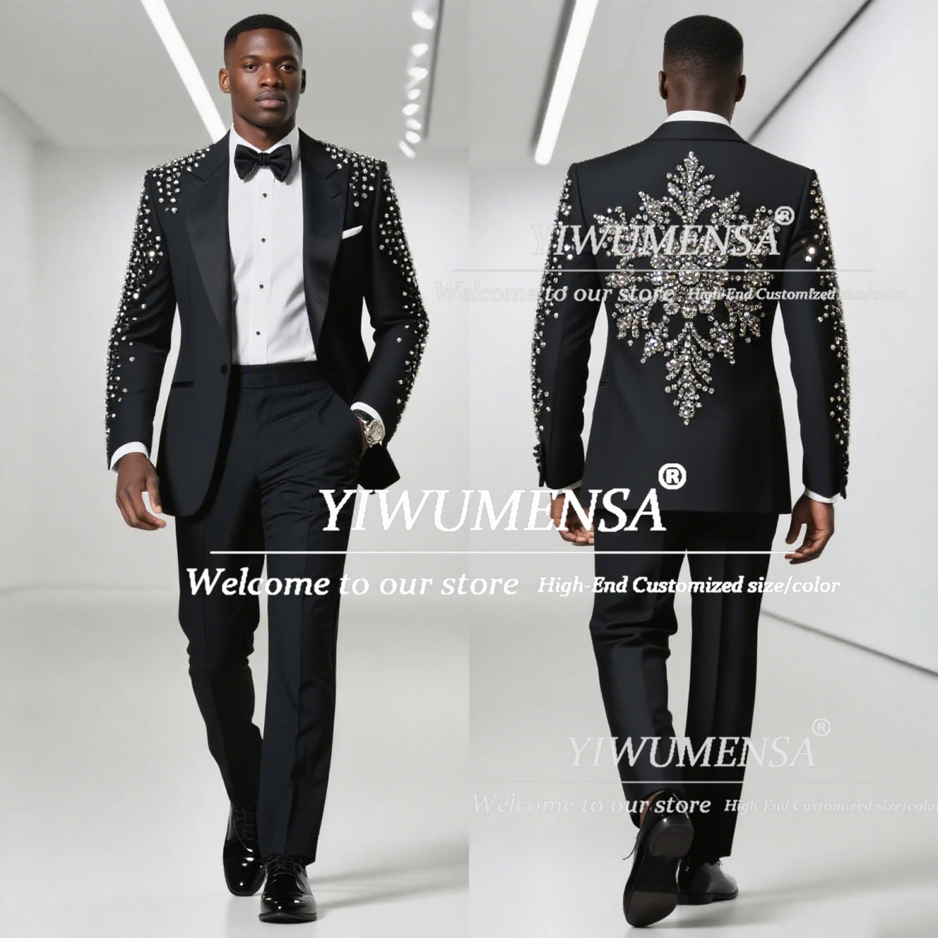 

Luxury Crystals Suits Men 2 Pieces Single Breasted Groom Blazers Customized Male Fashion Beaded Wedding Tuxedos Costume Homme