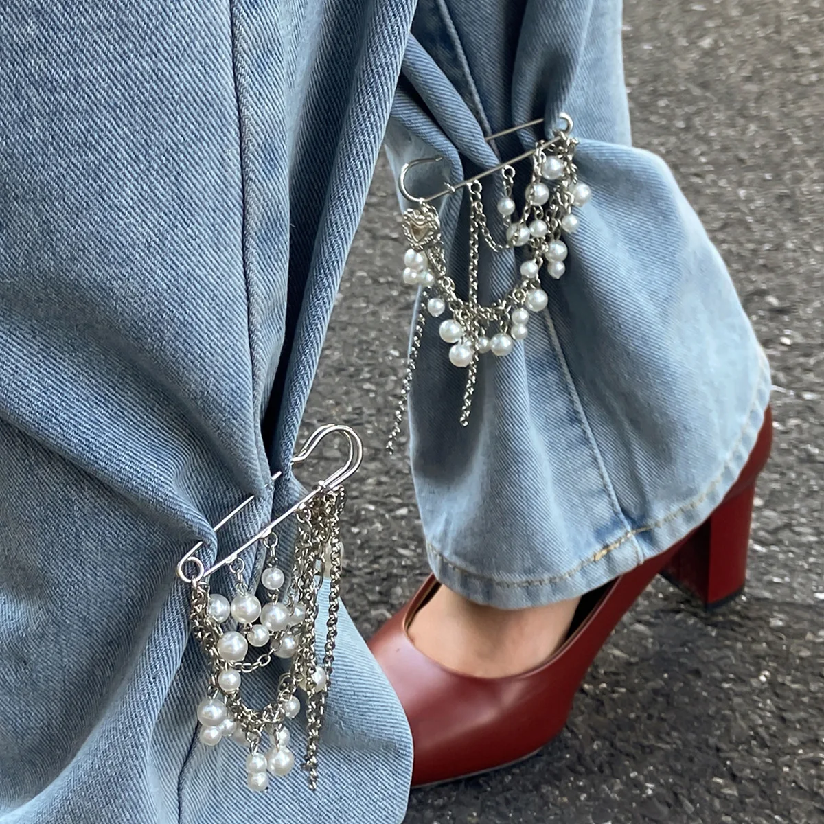 

Creative Detachable Imitation Pearl Tassel Brooch Adjustable Trousers Jeans Safety Pin Convenient Versatile Clothing Accessories