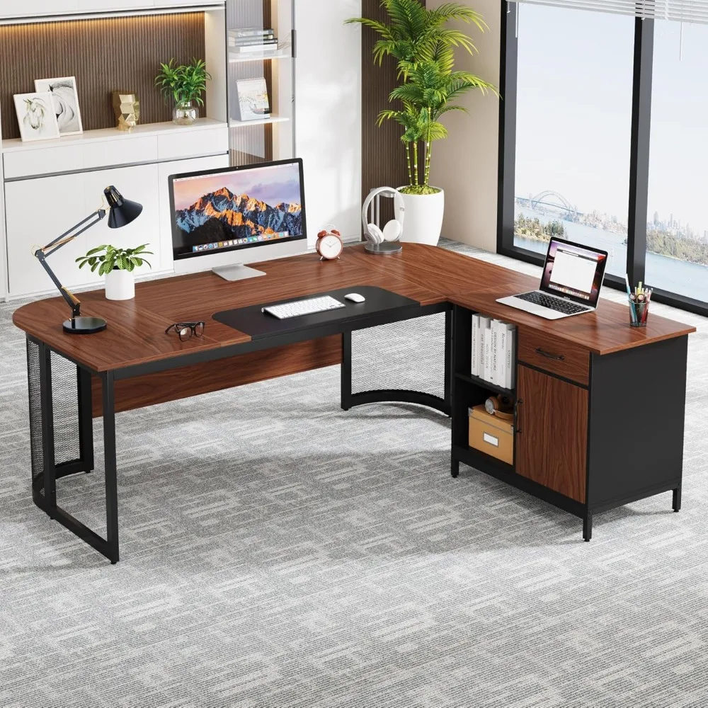 63" Executive Desk, L-Shaped Desk with Drawer Cabinet, Large Corner Executive Office Desk with Storage Shelves