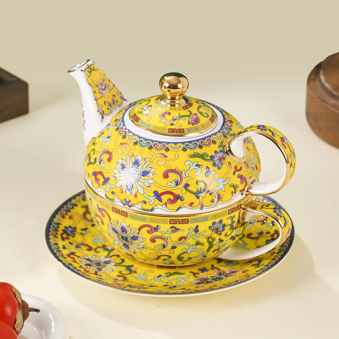 Jingdezhen high-quality bone china enamel painted gold one pot one cup plate mother pot palace style light luxury teapot ceramic