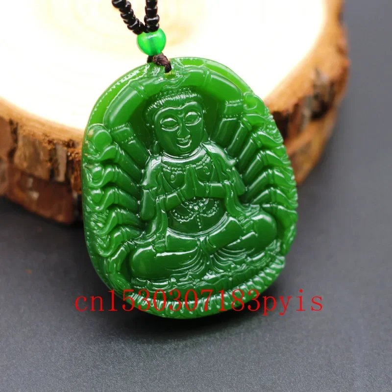 Natural Green Jade Thousand-hand Guanyin Bodhisattva Pendant Necklace Carved Buddha Charm Jewelry Fashion Amulet for Men Women