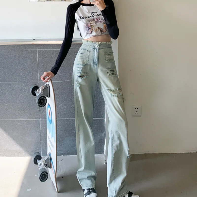 Moda Niebieskie Jeansy Ripped Kobiety 2025 Lato Korea Y2K Nowe Wszechstronne Denimowe Spodnie z Szeroką Nogawką Wysoka Talia Cienkie Luźne Spodnie Casualowe