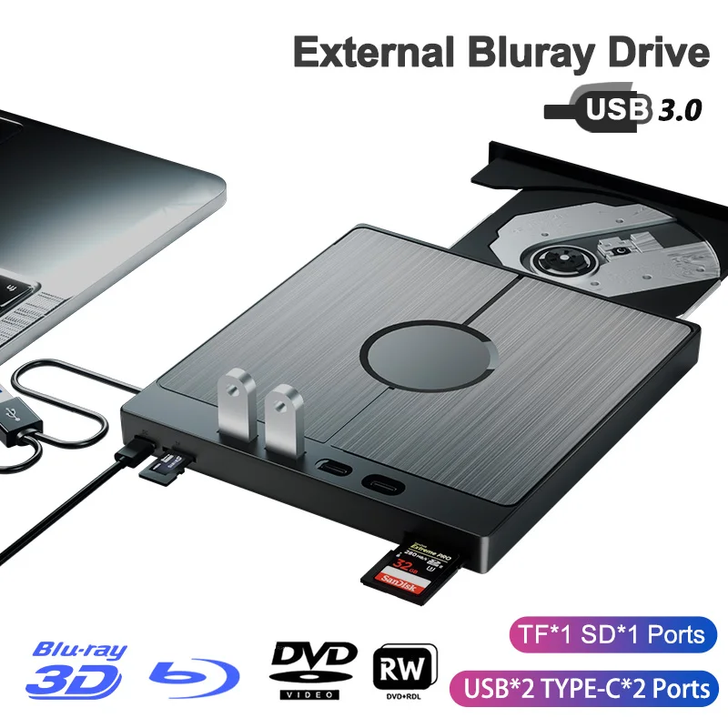 

7 in 1 External Bluray Drive USB 3.0 Type-C BD DVD CD-RW Player Portable Optical Burner with SD/TF Card Slot for Laptop PC