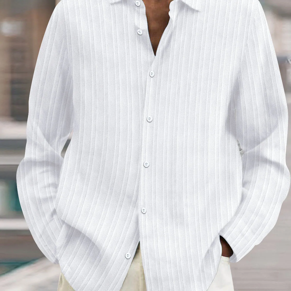 

Мужская высококачественная повседневная рубашка с однотонным повседневным топом в полоску, кардиган на пуговицах с лацканами, мужская уличная одежда на весну и осень.