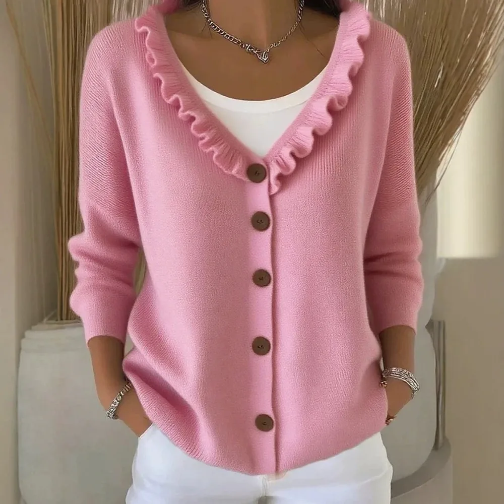 2026 Autumn and Winter New Fungus Edge Knitted Cardigan Solid Color Casual Fashion V-neck Sweater Jacket Female Texture Unique