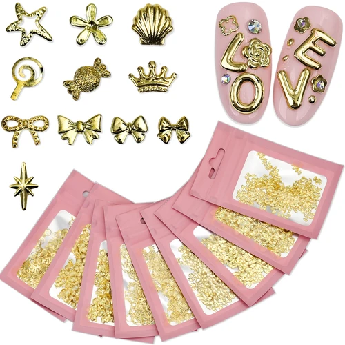 200 Uds. Una variedad de dijes de Metal 3D dorados y plateados para decoración de uñas, accesorios para decoración de uñas, Material, herramientas de decoración de manicura