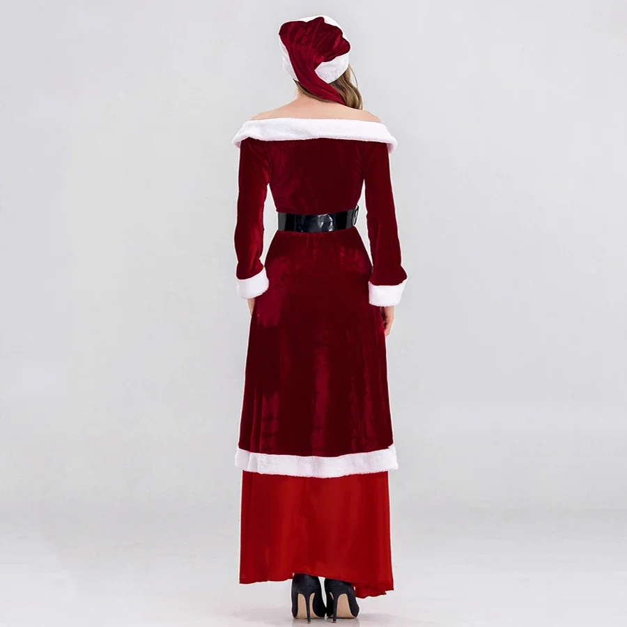 Women Christmas Dress Mrs. Claus Dresses Santa Claus Cosplay Costume Red Elegant Velvet Lady Christmas Party Long Dress Suit