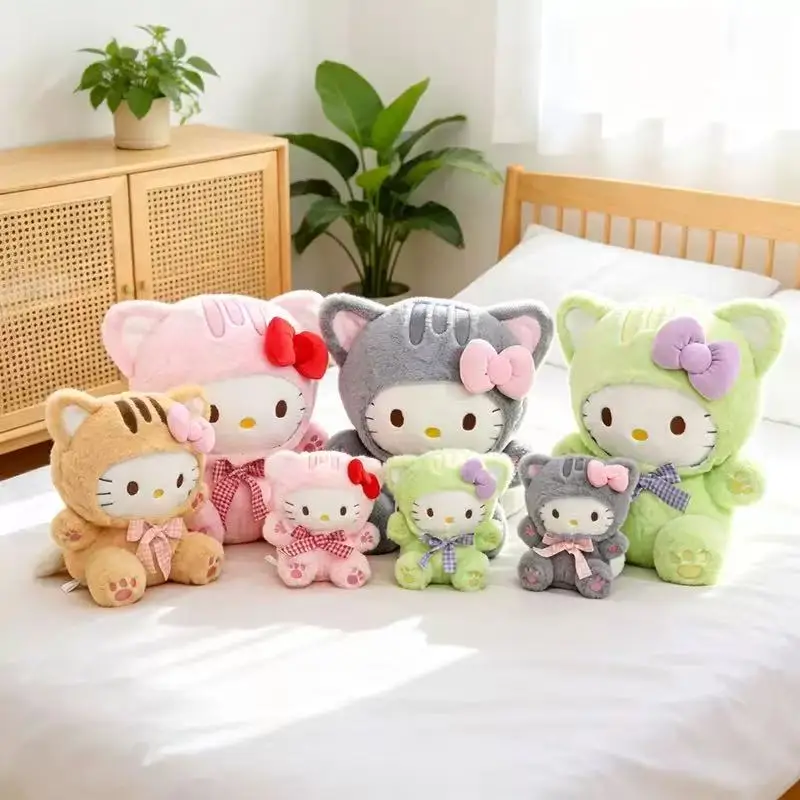 18-22CM Cute Grey Cat Hello Kitty Plush Doll Checkered Bow Kt Stuffed Toy Soft Pillow Home Room Decoration Birthday Gift