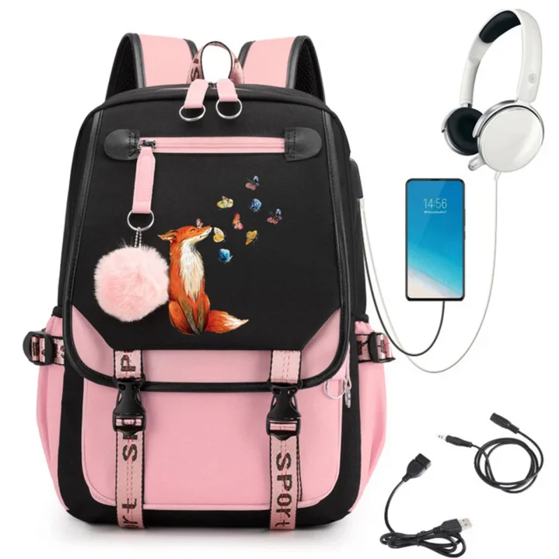 Mochila Kawaii Fox Butterfly Estética para Mulheres, Mochila escolar para meninas adolescentes, Mochilas Estudantis, Mochila de Carregamento USB