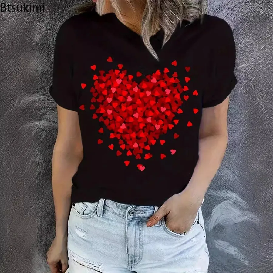 2024 Dames Zomer Casual T-shirt Tops Rood Hart Mode 3D Afdrukken Korte Mouw Losse Streetwear Ronde Hals Dames Tees shirts