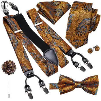 Hi-Tie Zijde Mens Bretels Blauw 6 Clips Bretels Stropdas Bowtie Pocket Plein Manchetknopen Broche Set Voor Mannen Business huwelijkscadeau