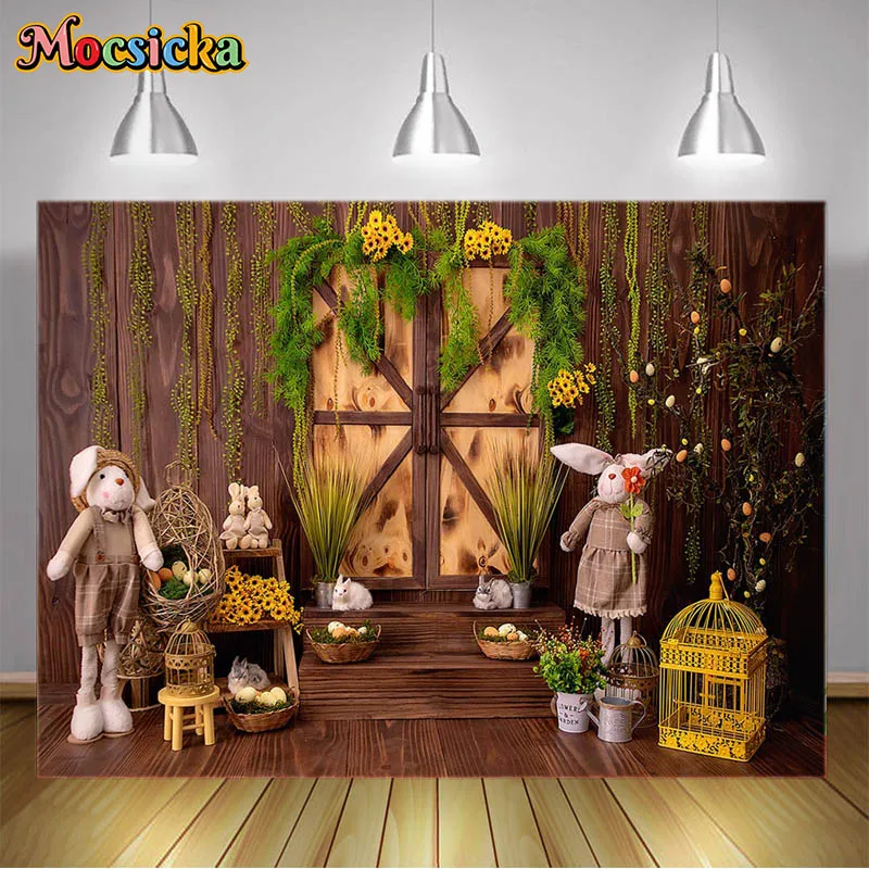 

Mocsicka Photography Backdrops Easter Bunny Eggs Wooden Door Newborn 1 Year Birthday Decoration Kids Backdrops Photo Studio