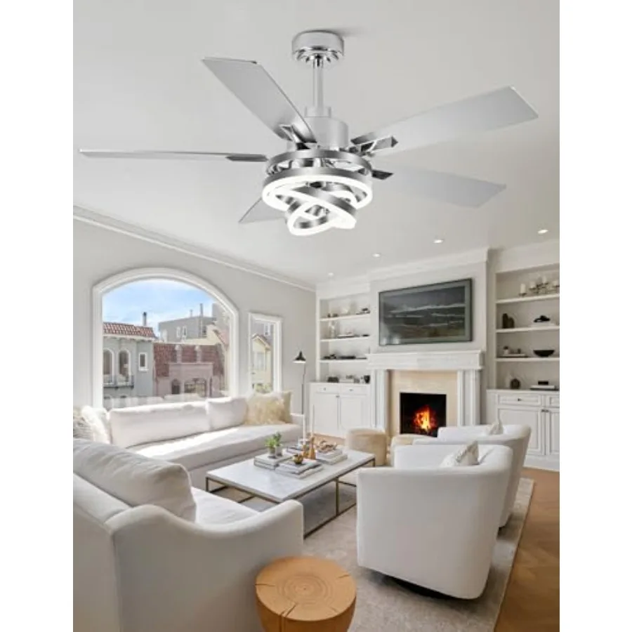 Bedroom, Living Room ceiling fan with light chandelier fan: modern DC motor, dimmable LED, 52-inch, brushed nickel finish, ener