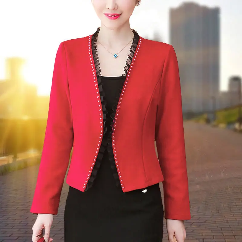 Long Sleeve Suit Jacket Women Beading V-neck Outerwear Cardigan Slim Korean Short Tops Black White Blazer Party Dress Shawl