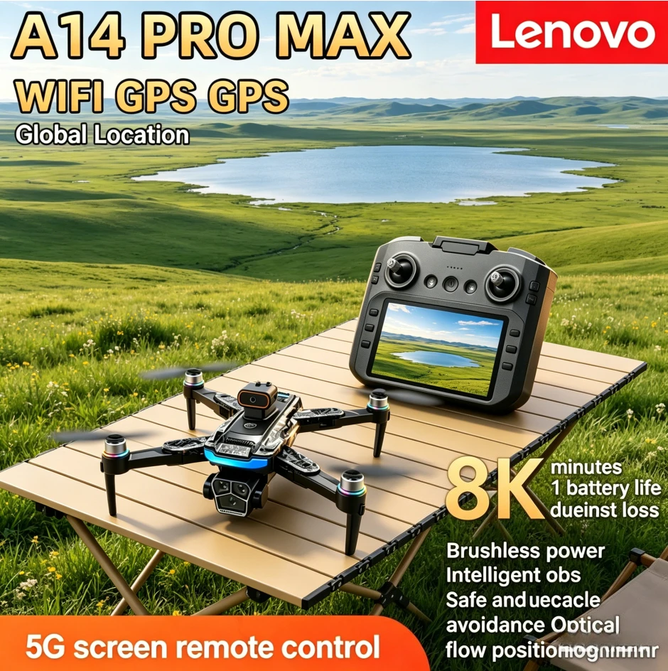 

Lenovo A14Pro Max GPS Brushless 8K 4K three Camera Optical Flow Obstacle Avoidance Foldable Quadcopter RC Distance Drone Toys