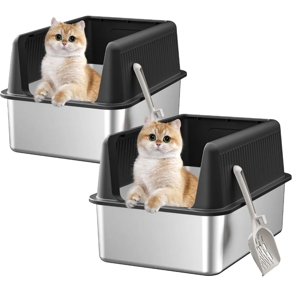 صندوق فضلات القطط من الفولاذ المقاوم للصدأ مع غطاء، حاوية معدنية كبيرة للقطط الصغيرة والمتوسطة، الطول 19.7 × 13.8 العرض × 11.8 الارتفاع