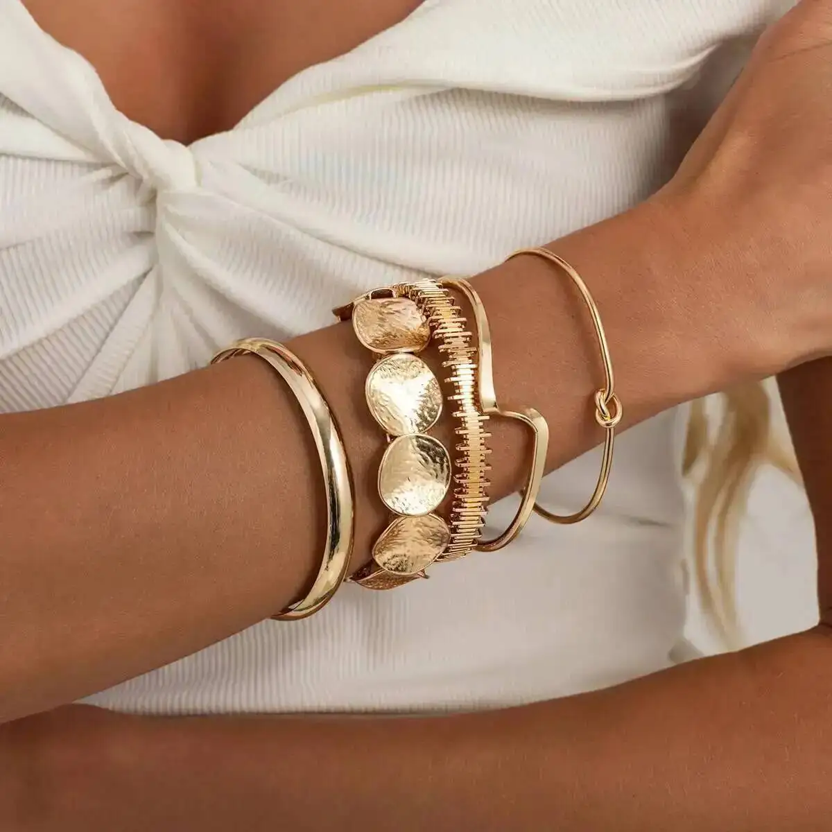 SHIXIN 5Pcs/Set Vintage Exaggerated Knot Irregular Open Geometric Wide Gold Color Stack Bracelets Women Daily Wear Jewelry Gifts