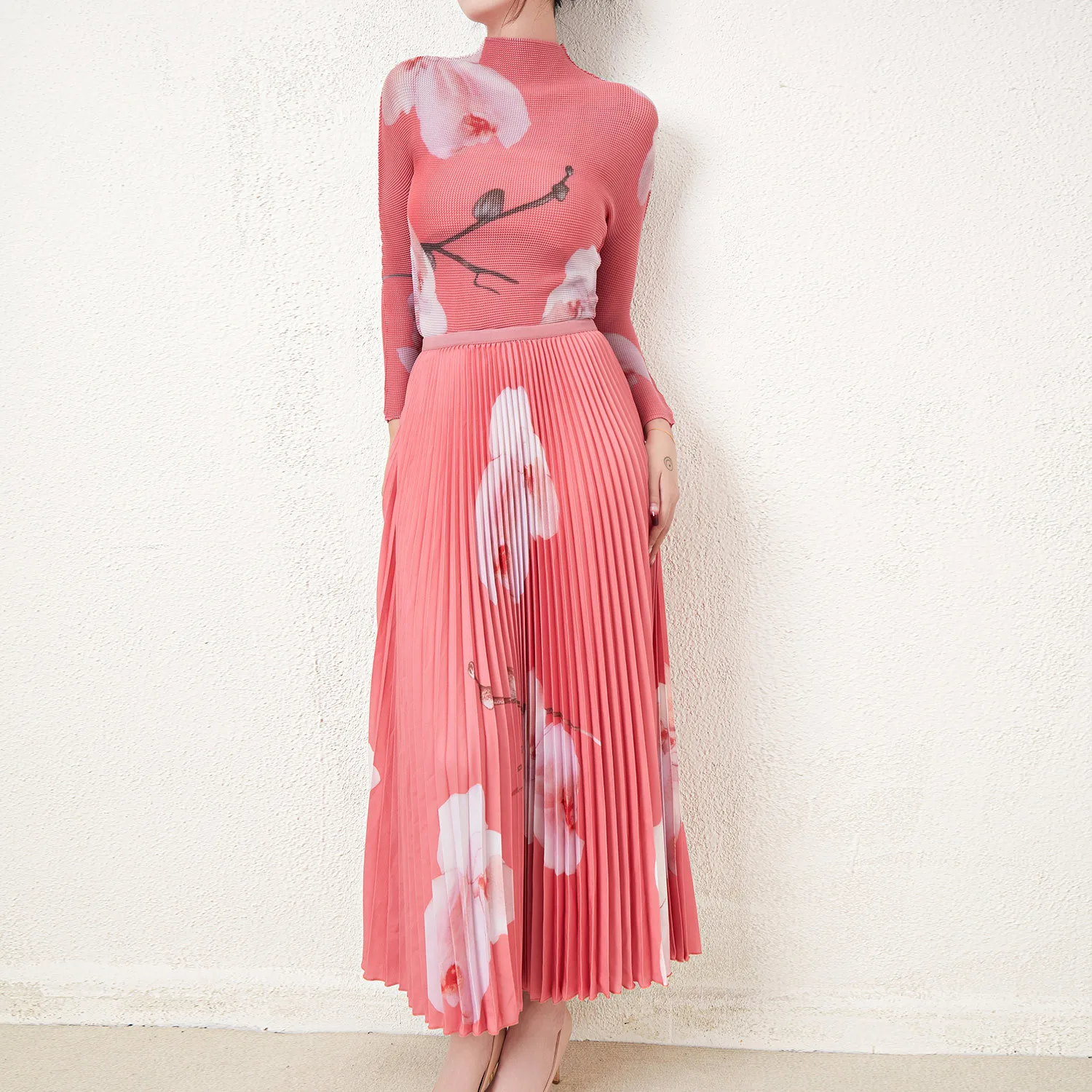 

Комплект из плиссированной юбки и топа с цветочным принтом большого размера, модный сценический костюм, скрывающий недостатки фигуры, женский комплект