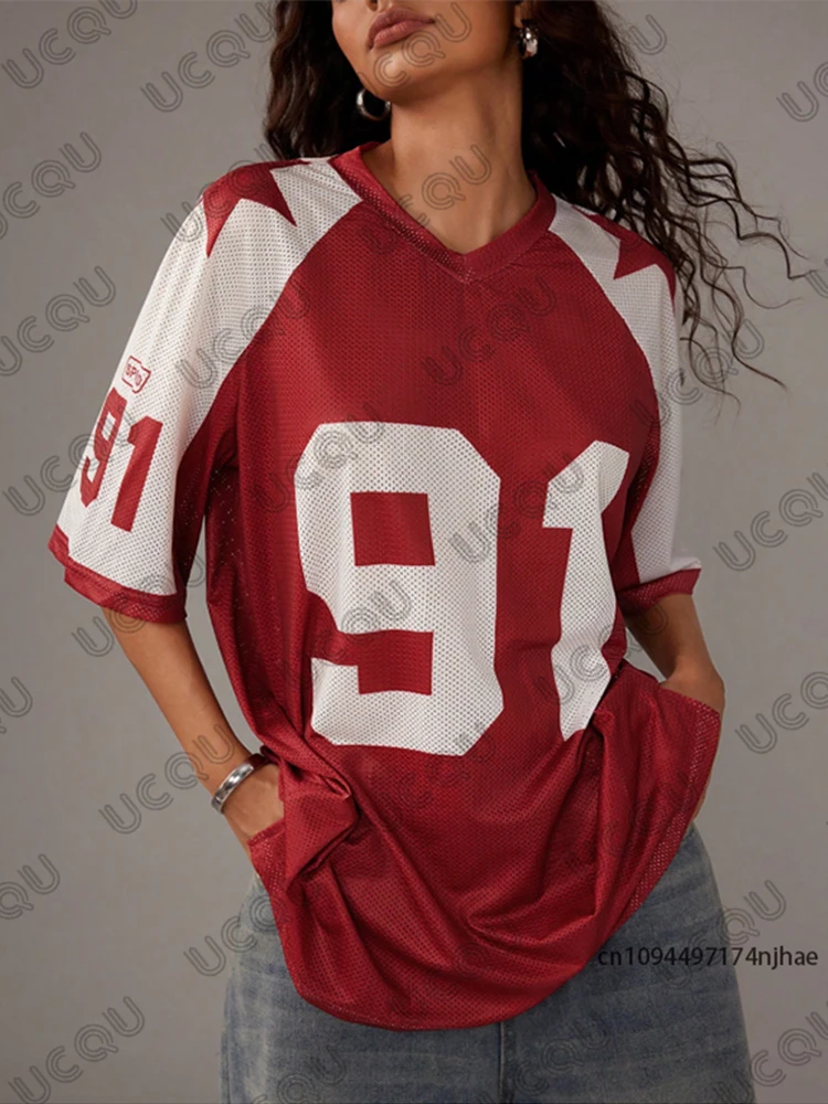 Oversized T-shirt For Women V-Neck Summer Short Sleeve Patchwork Red Speed 91 Print Sports Tees Football Jersey Y2k Casual Tops