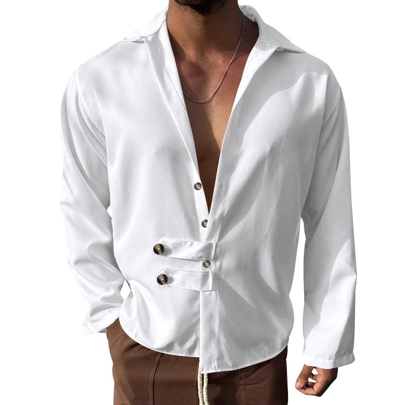 Men's Long Sleeve Lapel Button Beach Shirt T-Shirt Casual Long Sleeve Loose Cardigan Shirts Summer Streetwear Clothing Tees Tops