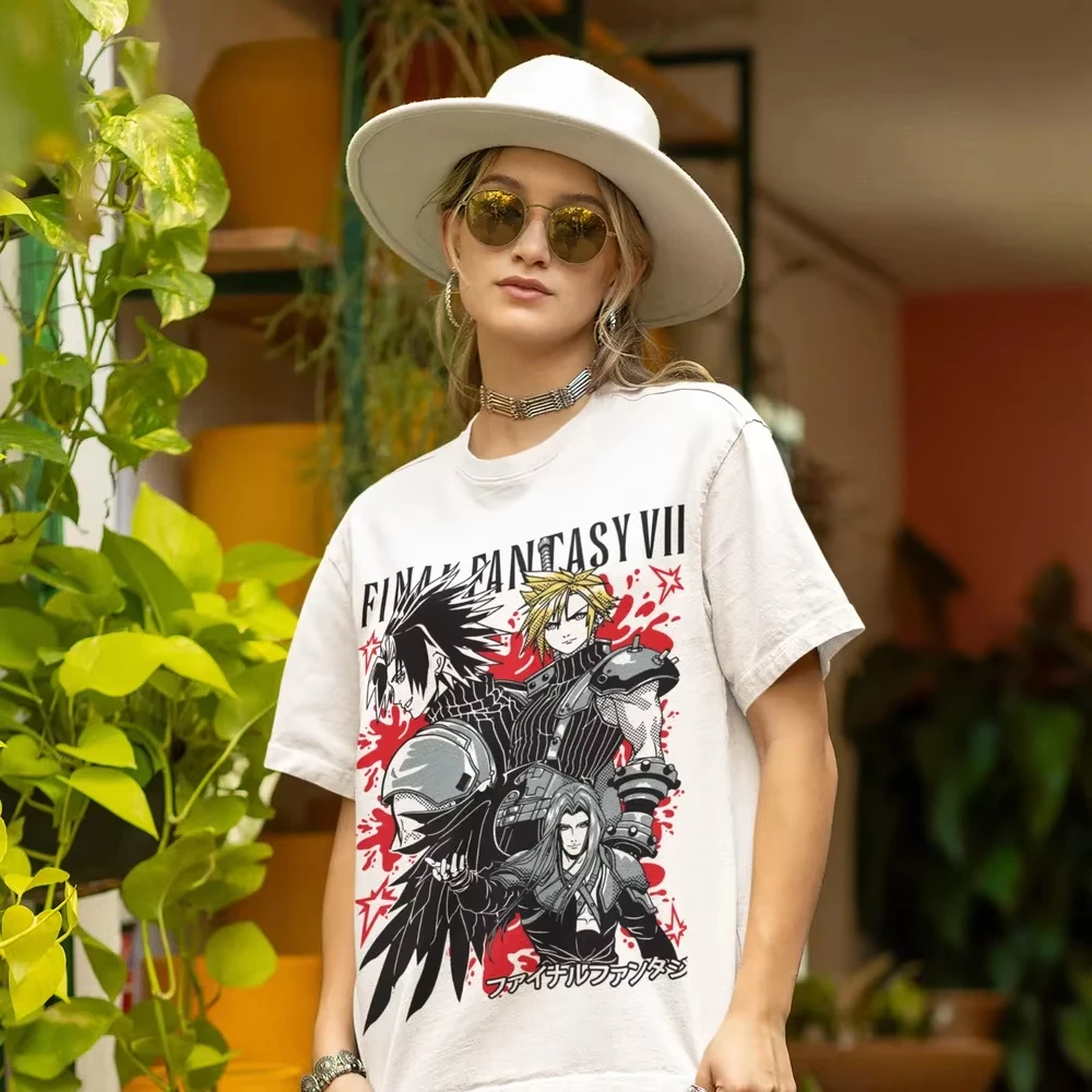 Final Fantasy VII Rebirth Retro Graphic Washed Cotton T‑shirt Unisex Oversized Short Sleeve Harajuku Streetwear Casual Tops