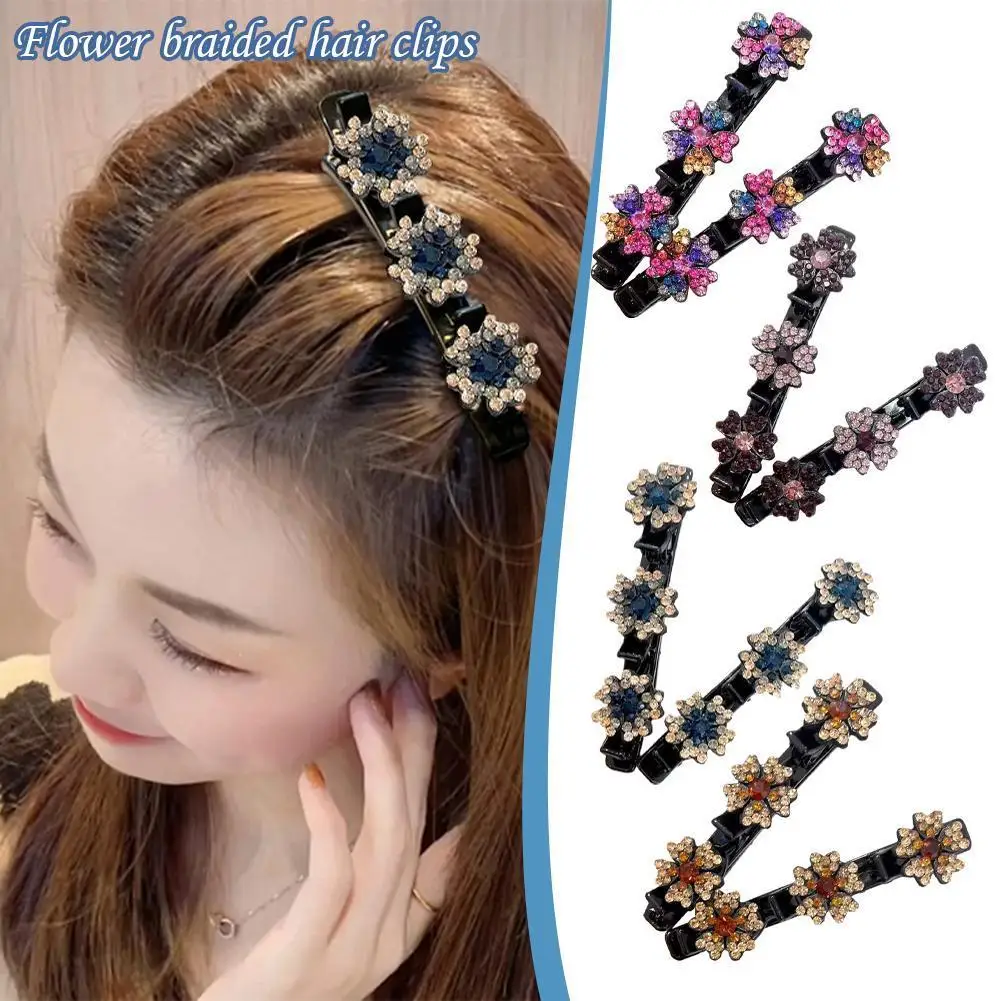 Pinzas trenzadas de piedra de cristal brillante para el cabello, accesorios para el cabello de 3 flores para mujeres y niñas, flores Vintage, diamantes de imitación para el cabello J8A0