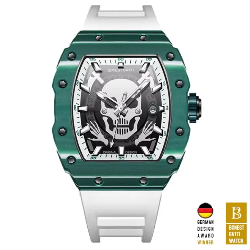 BONEST GATTI Men Automatic Watch 44mm Tonneau Mechanical Wristwatch Carbon Fiber Luminous Skull Dial Sapphire Mirror FKM Strap