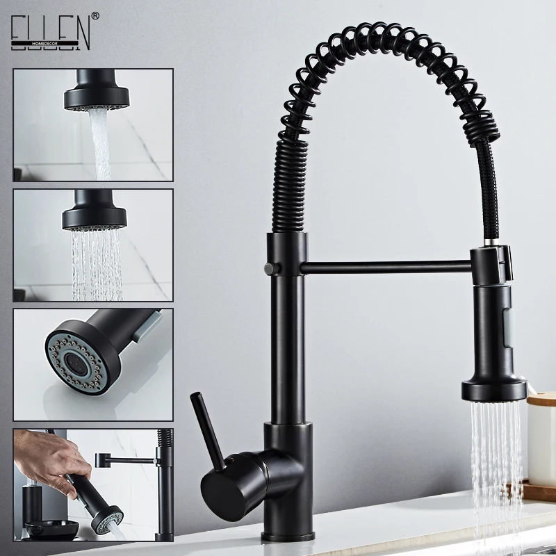 Deck Mounted Flexible Kitchen Faucets Pull Out Mixer Tap Black Hot Cold Kitchen Faucet Spring Style with Spray Mixers Taps E9009