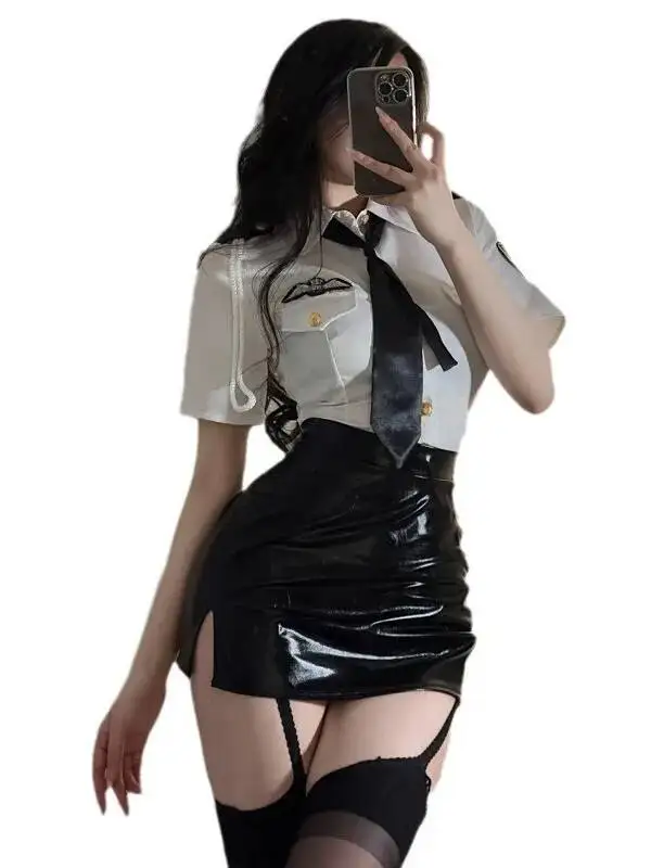 Sexy Flight Attendant Clothes Turn-down Collar Short Sleeve Elastic Waist Black Leather Wrap Buttocks Skirt Set Summer New 2FRL
