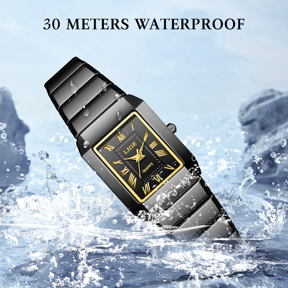 ساعة يد كوارتز سيراميك سوداء مربعة أنيقة للنساء من LIGE، ساعات فاخرة من السيراميك مقاومة للماء، ساعة نسائية كاجوال للسيدات