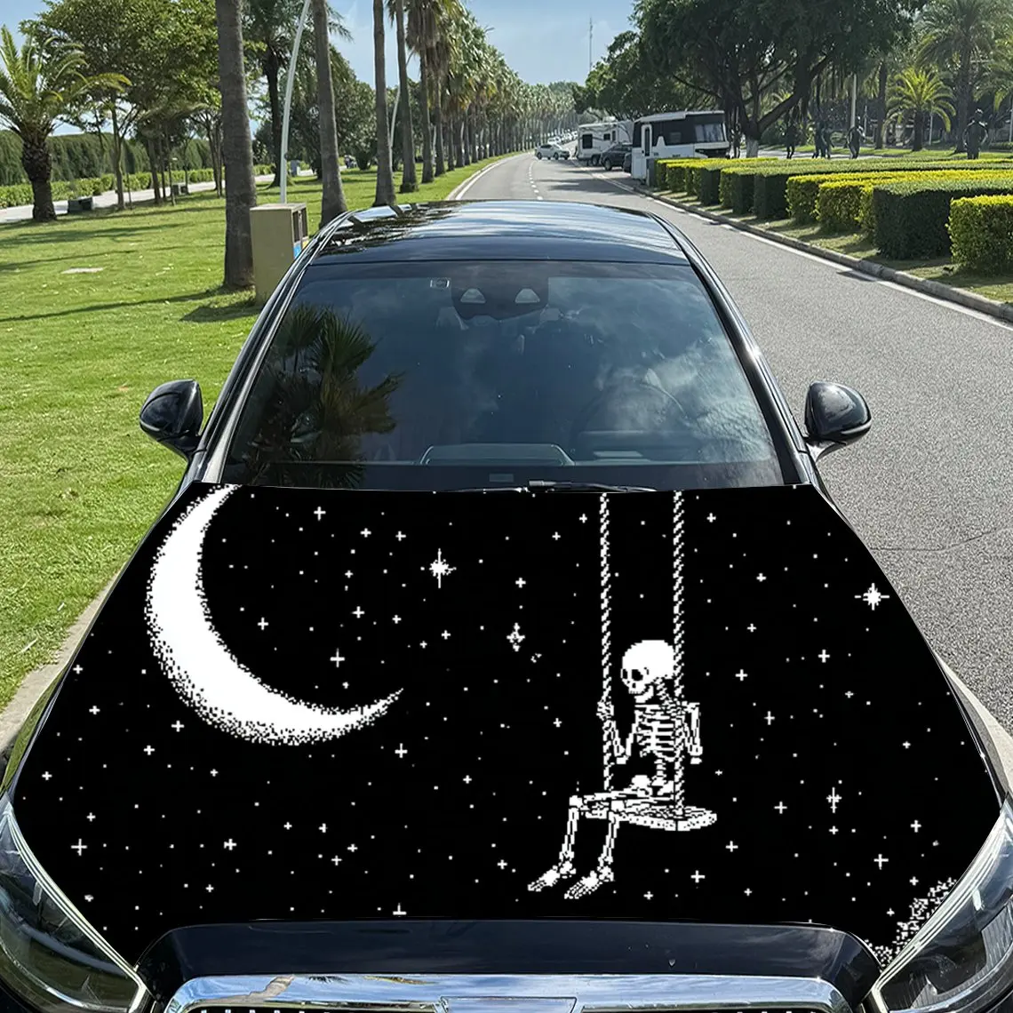 Whimsical Skeleton Swinging Car Hood Sticker, Waterproof Self-adhesive Vehicle Vinyl Wraps Decal, Trendy Auto Exterior Decoratio