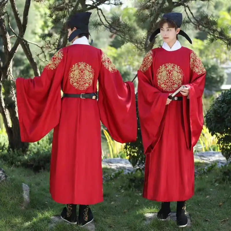 Hanfu Men's Round Necked Robe Tang Dynasty Wine Red Official Dress Wedding Dress Paired Golden Beast Embroidery Restoration Of