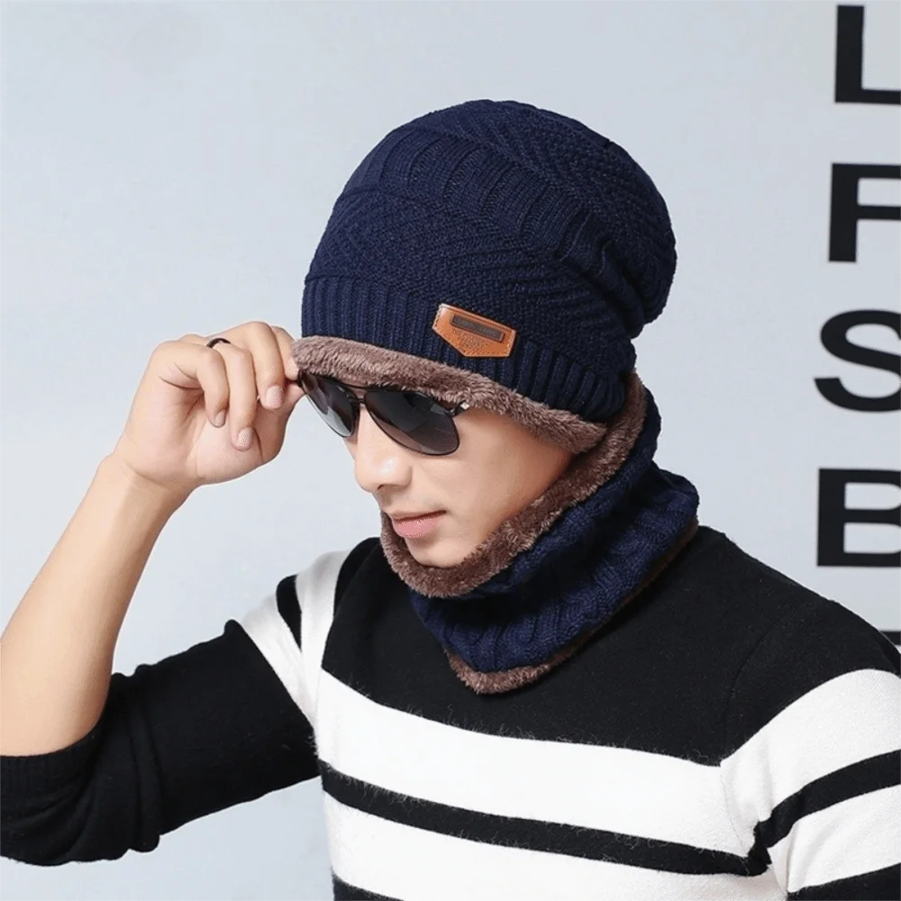 Fashion Warm Hat Scarf Set Knitted Soft Neck Scarf Cap Set Neck Cover Autumn Winter Fleece Ski Cap Bonnet Hat