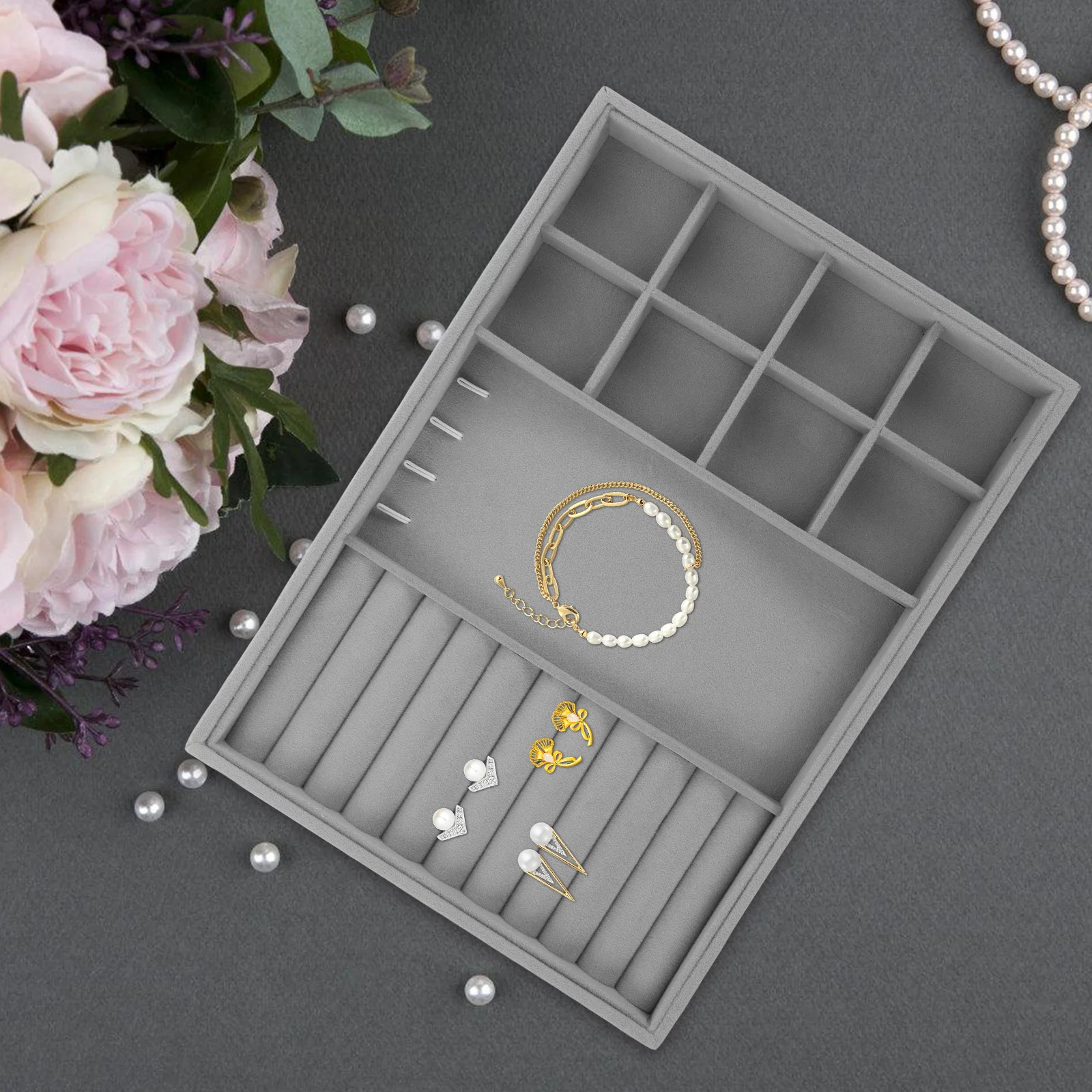 

Stackable Grey Jewelry Organizer Tray Large Capacity Ring Earring Bracelet Storage Display Stand for Drawer Or Dresser Jewelry