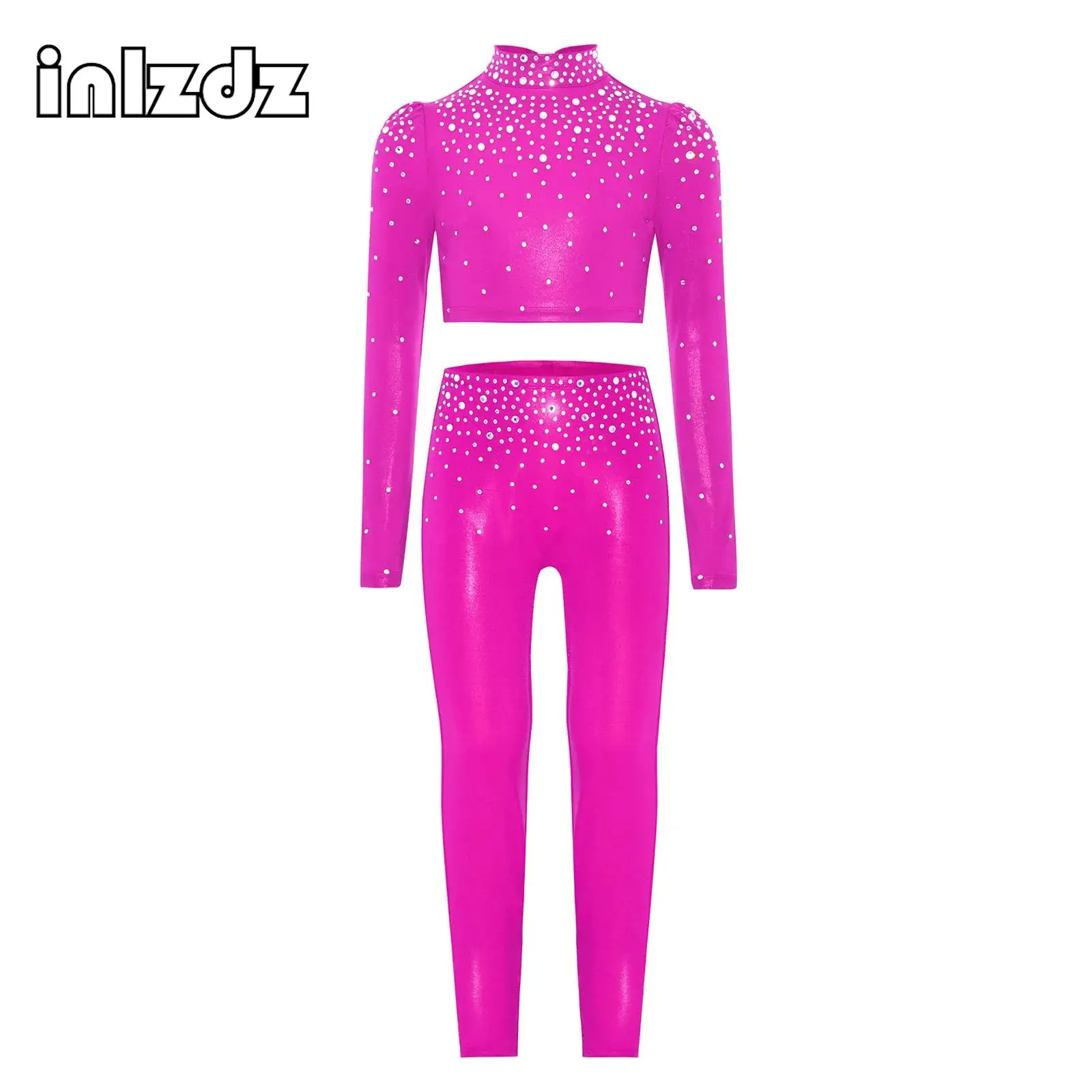 

Kids Girls Sparkling Rhinestones Jazz Dance Crop Top with Pants Long Sleeve Keyhole Back Metallic Suit Stage Performance Costume