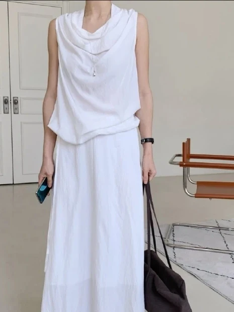 

Fashionable Long Sleeveless Top And High Waist Midi Skirt Set for Women Elegant Minimalist Style Summer Outfit Two Piece Set