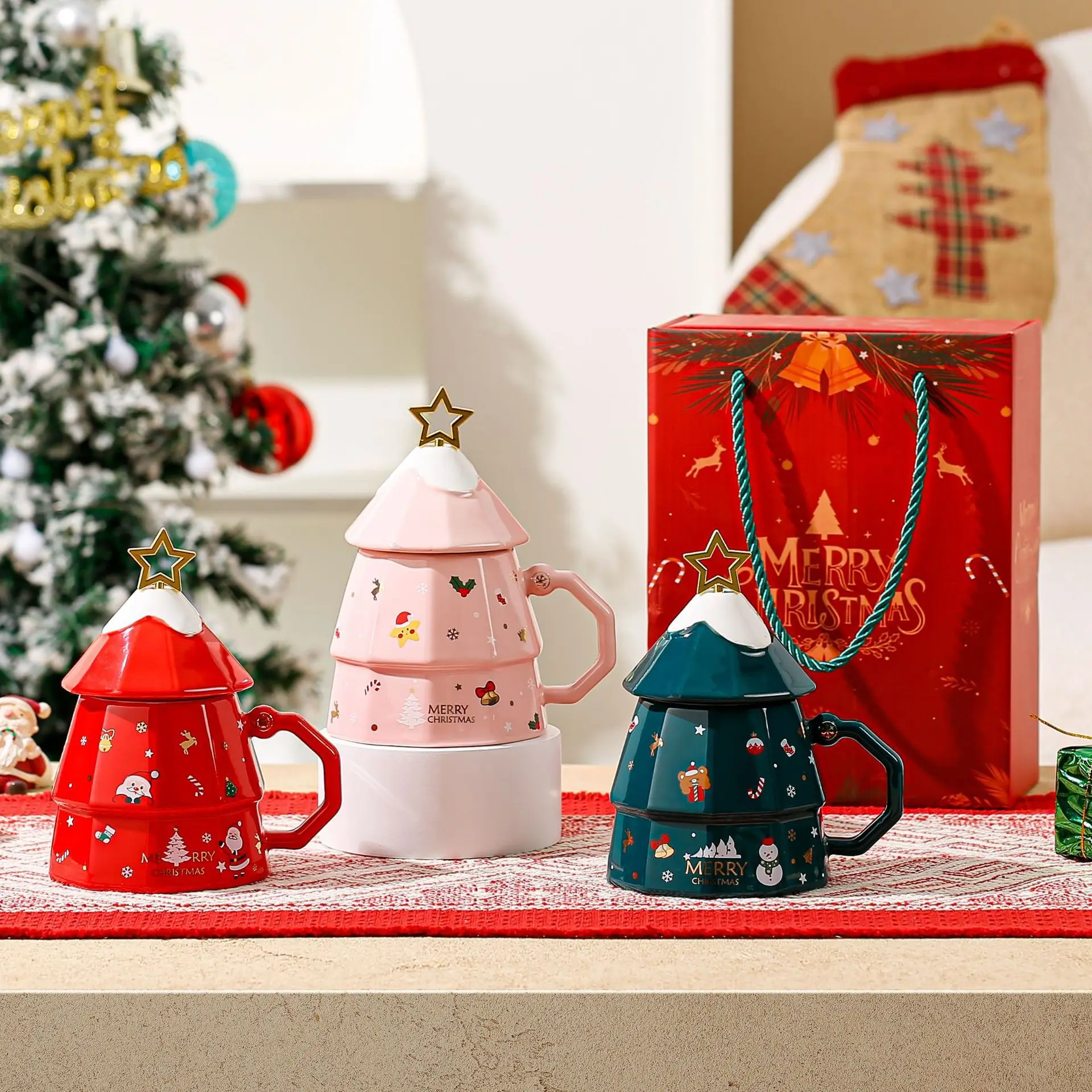Christmas Mug Cup Gift Box Lovely Tree Shaped Santa Claus Snowman Elk Painted Mug For Milk Coffee Navidad New Year Gifts 2026