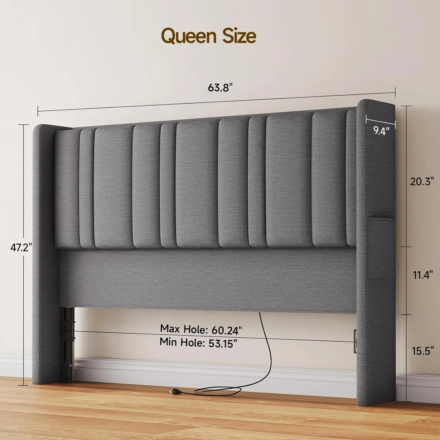 Queen Size Headboard with Storage, LED Light, Grey