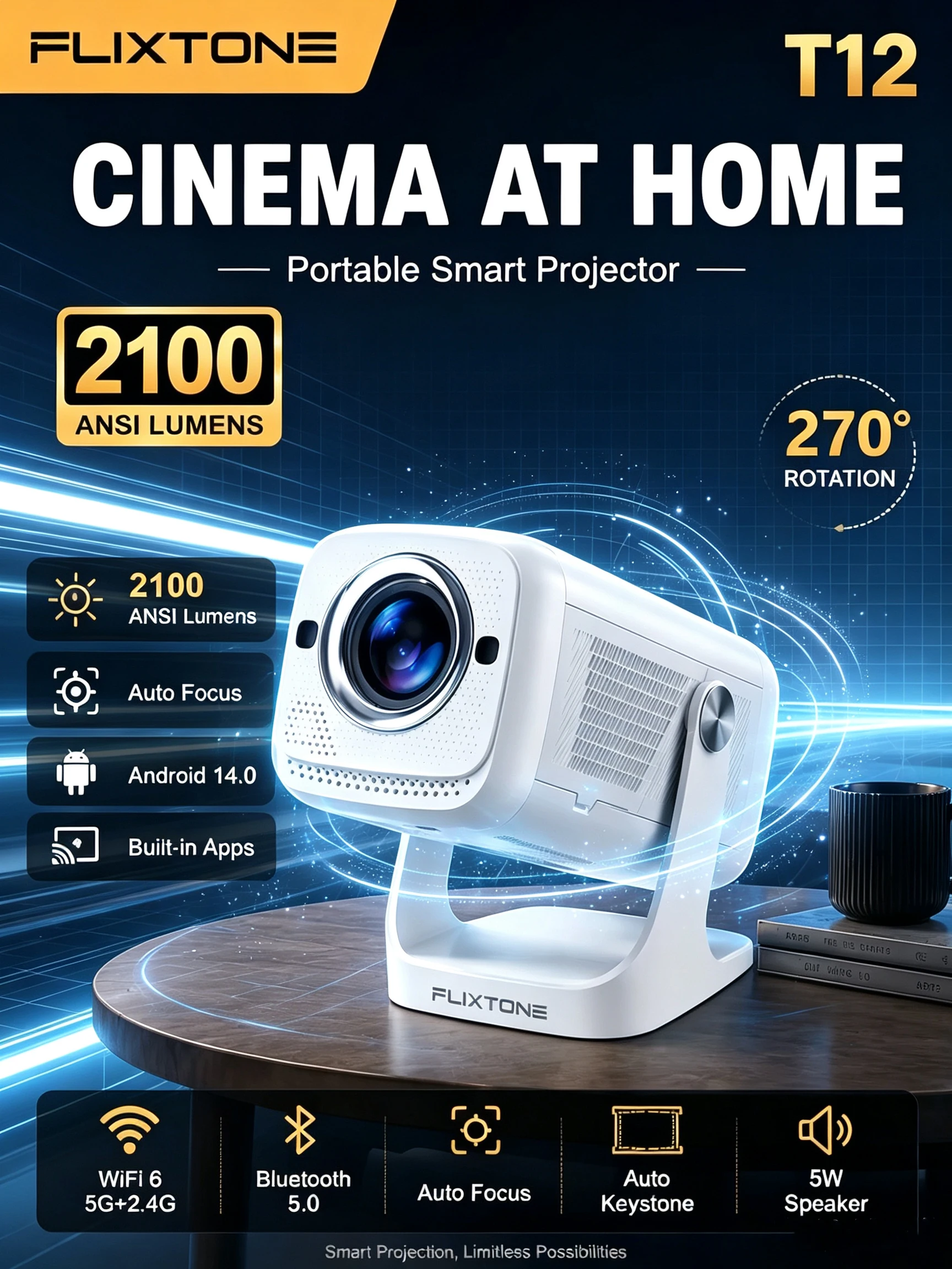 Flixtone T12 LightGo Projector 2100 ANSI Full HD 1080P 2K 4K 8K Mini Portable Android 14.0 Beamer 3D Video for Home Theater