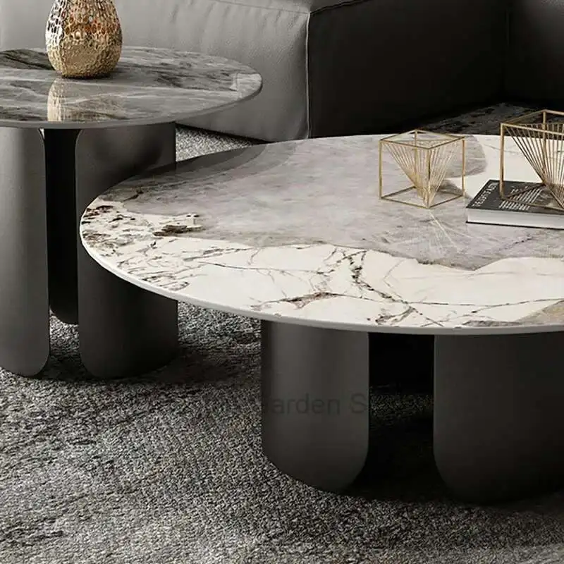 Modern Minimalist Coffee Tables Round Marble Effect White Metal Side Table Simple Luxury Mesa De Centro De Sala Home Furniture