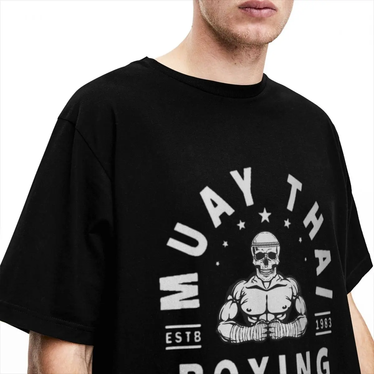 Muay Thai Boxing Shirt Merchandise Men Women Cotton Vintage Round Collar Skull Tees Short Sleeve Tops Christmas Gift