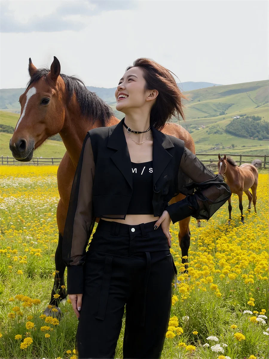 Sonnenschutz, verkürzte, durchsichtige Blazer mit Rückenschlitz, elegante Damenkleidung für Damen, Beflockung, schmeichelhafter Kaschmir, empfindliches Pendeln