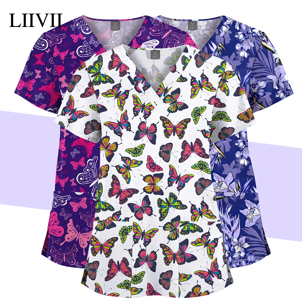 Butterfly Print T-shirts Scrub Top Women Men Dentist Vet Working Uniform Nurse Scrub Blouse Surgical Uniformes Hospital Workwear